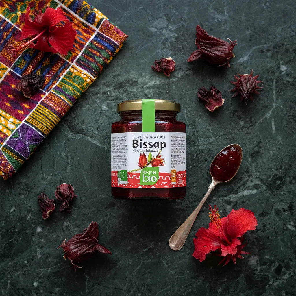 Pot de Délice Hibiscus BIO RACINES entouré de fleurs d’hibiscus séchées et d’une cuillère, ambiance artisanale et naturelle.